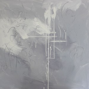 "Reconciliation at 4 am #2" 2015. Pencil, grit, oil, gloss and emulsion paint on canvas. 147 cm x 147 cm.